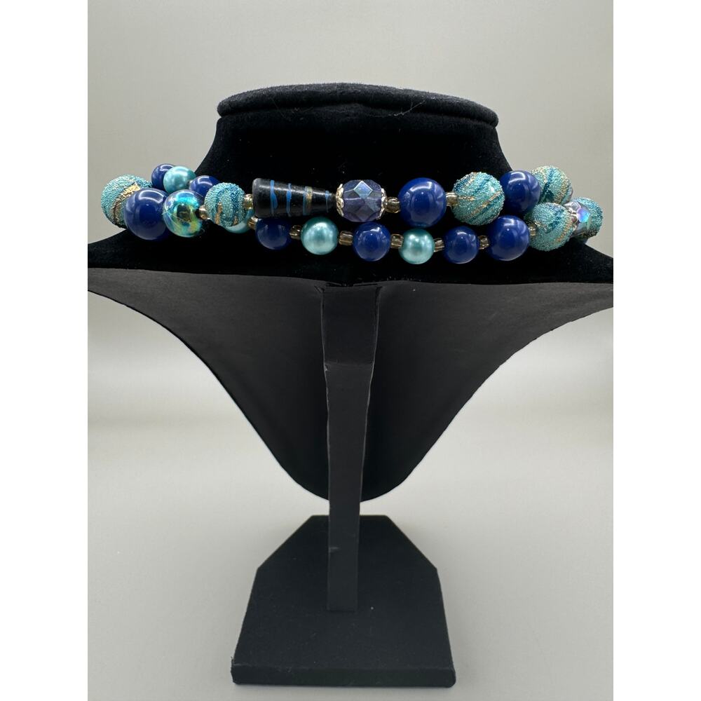 Vintage Blue Teal Gold Metallic Beaded Necklace - Picture 2 of 10